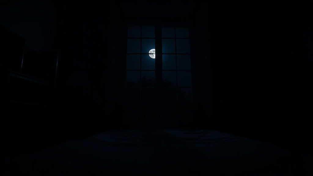 Dunkles Schlafzimmer bei Nacht, Mondlicht fällt durch das Fenster