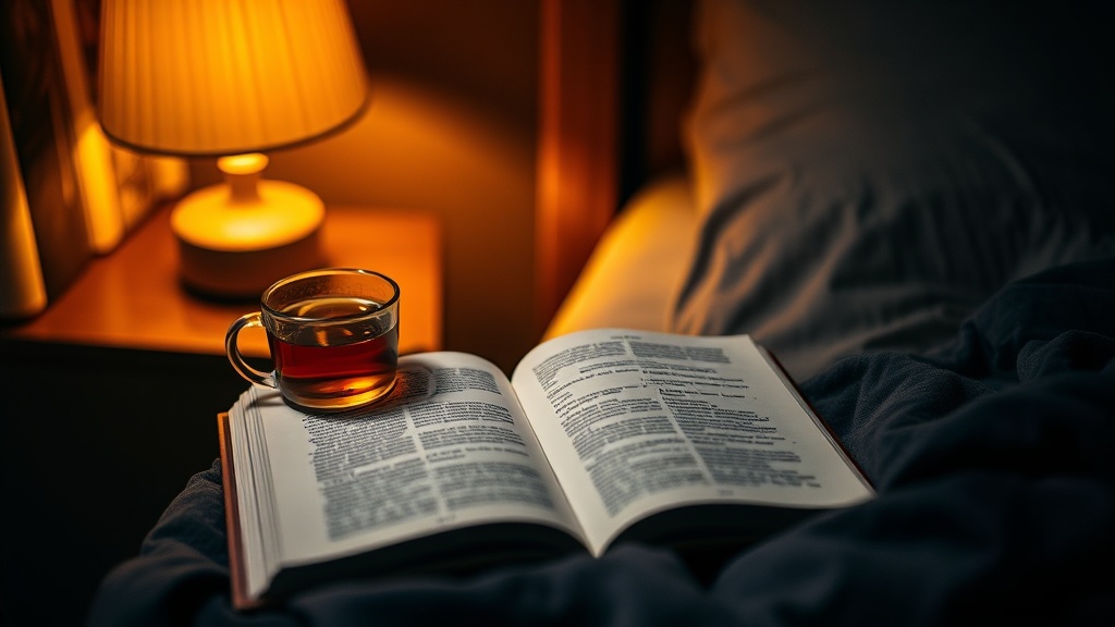 Nachttisch mit Buch, Tee und gedimmter Lampe am Abend