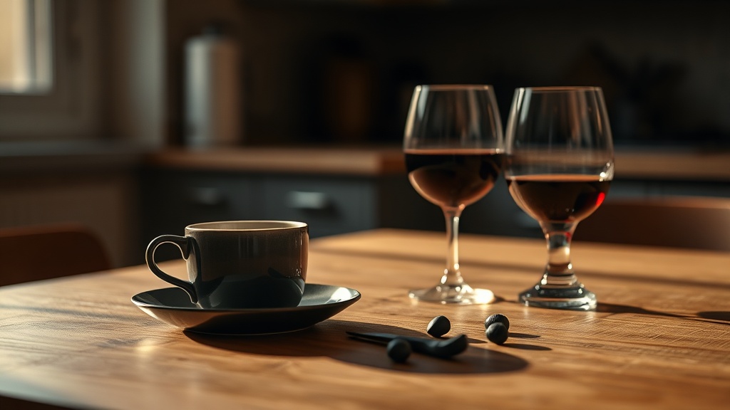 Tasse Kaffee und Glas Rotwein auf einem Tisch am Abend