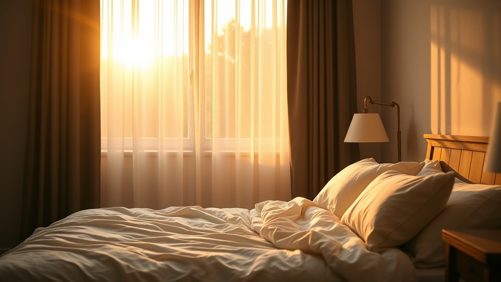 Morgenlicht fällt durch einen Vorhang in ein Schlafzimmer