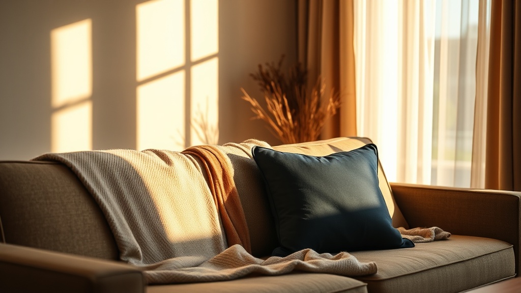 Sofa mit weicher Decke im warmen Nachmittagslicht