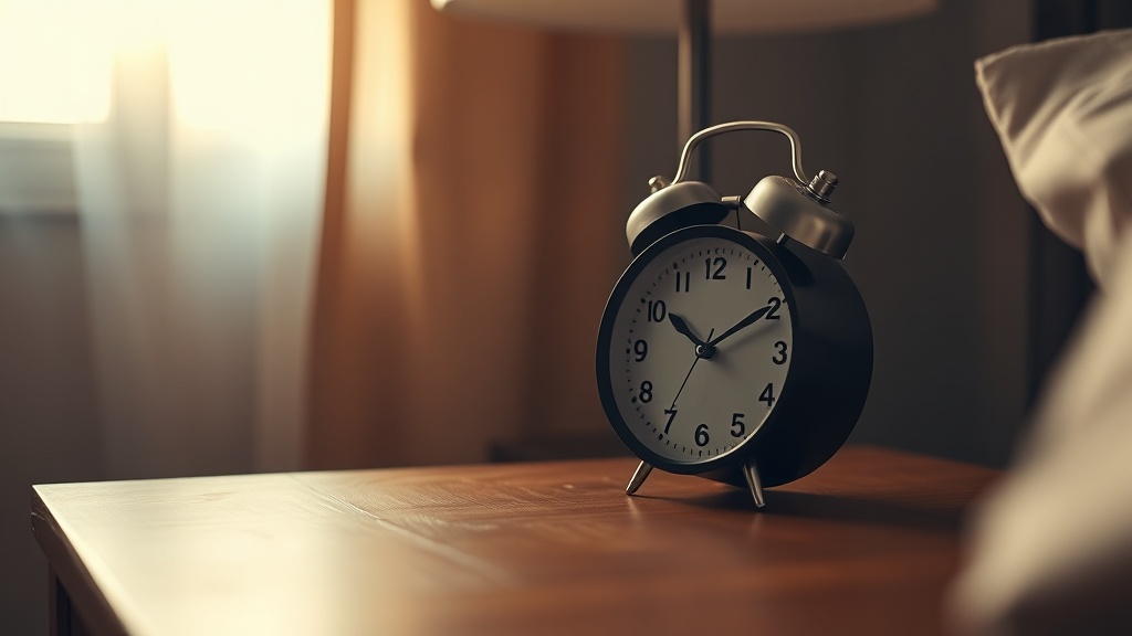 Analoger Wecker auf einem Nachttisch im weichen Morgenlicht