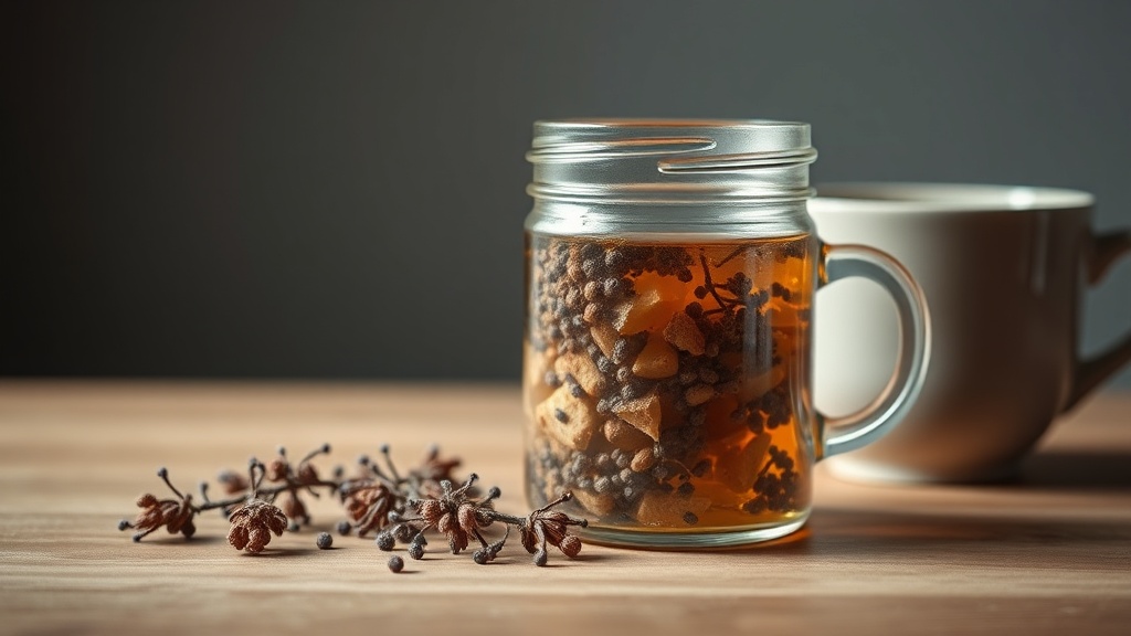Getrocknete Kräuter und Kräutertee auf einer Holzfläche