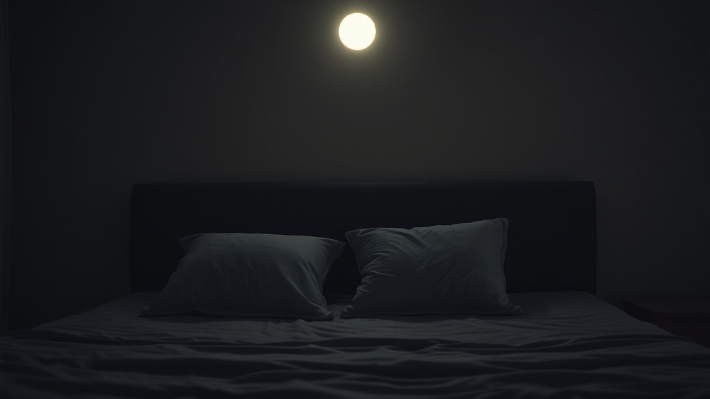 Leeres Schlafzimmer bei Nacht mit zwei Kissen auf dem Bett