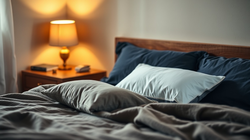 Gemütliches Schlafzimmer mit Stillkissen und weicher Decke auf dem Bett