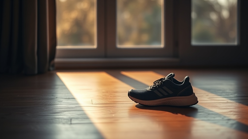 Laufschuhe auf Holzboden im warmen Nachmittagslicht