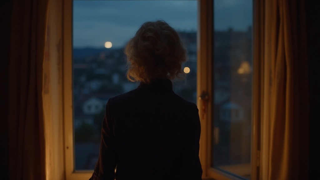 Frau am geöffneten Fenster bei Nacht, von hinten aufgenommen